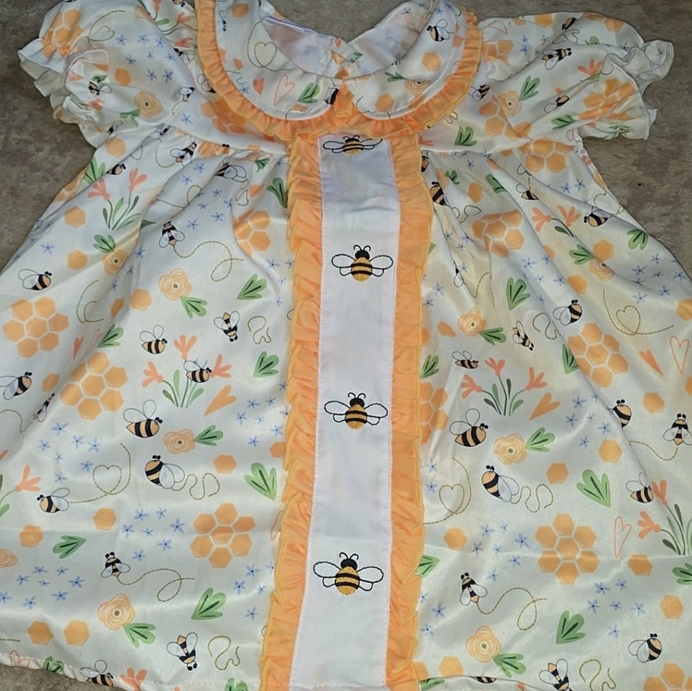 Bee Print Baby Dress with Orange Accents